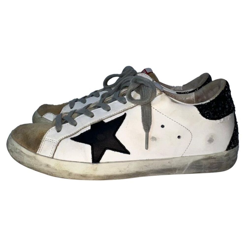 Golden Goose Super-Star Glittered Heel Tab Low-Top Sneakers in White Cowhide